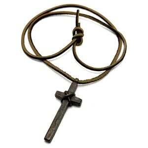 Vintage 1973 D.C. Dickerson Marriage Cross Necklace Bronze 30" Leather Cord